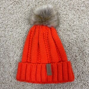 SAMZX Bright Orange Cable Knit Beanie with Faux Fur Pom Pom